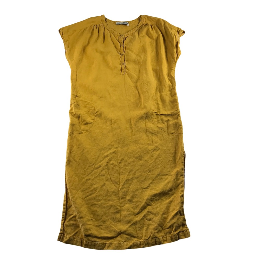 Gravel & Gold Mustard Yellow 100% Linen Henley Midi Shift Dress Pockets Size 2